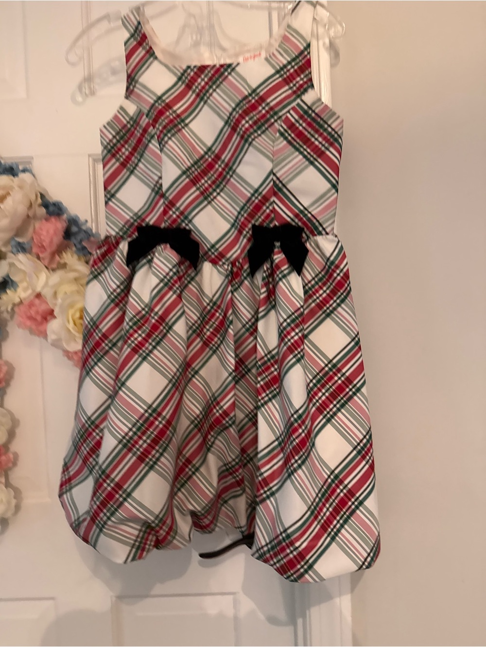 Girls White Red and Green Plaid Party Dress